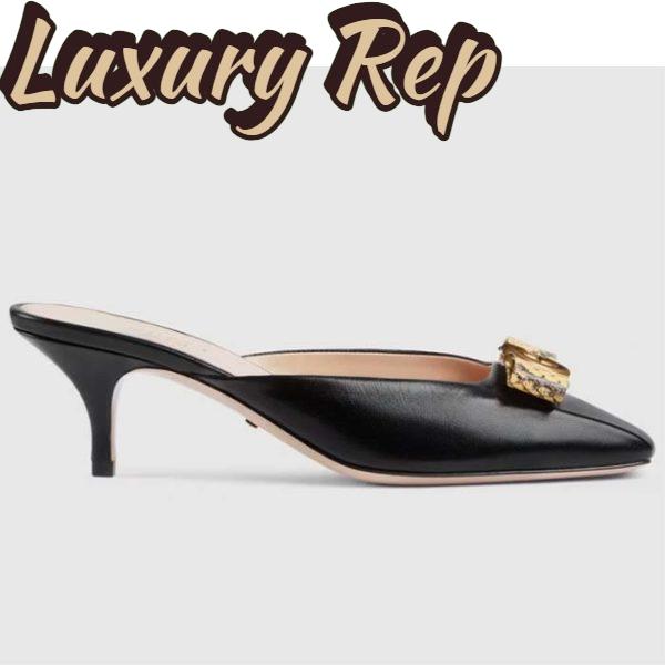 Replica Gucci Women GG Interlocking G Mule Black Leather Square Toe Leather Mid-Heel