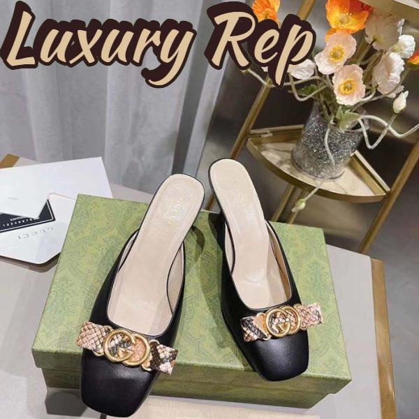 Replica Gucci Women GG Interlocking G Mule Black Leather Square Toe Leather Mid-Heel 4