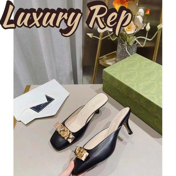 Replica Gucci Women GG Interlocking G Mule Black Leather Square Toe Leather Mid-Heel 6