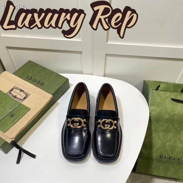 Replica Gucci Women GG Loafer Interlocking G Shiny Black Leather Low 2.5 Cm Heel 6