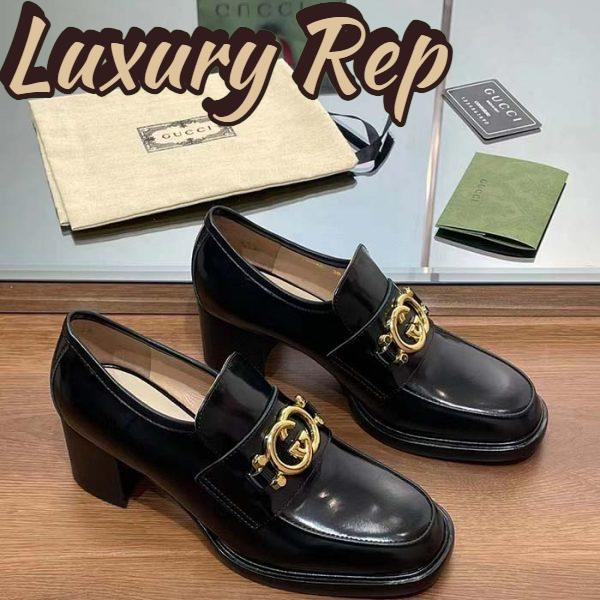 Replica Gucci Women GG Loafer Interlocking G Shiny Black Leather Mid 6 Cm Heel 3