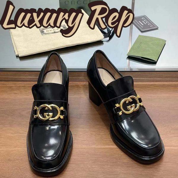 Replica Gucci Women GG Loafer Interlocking G Shiny Black Leather Mid 6 Cm Heel 6