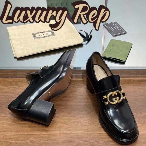 Replica Gucci Women GG Loafer Interlocking G Shiny Black Leather Mid 6 Cm Heel 7