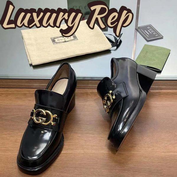 Replica Gucci Women GG Loafer Interlocking G Shiny Black Leather Mid 6 Cm Heel 9