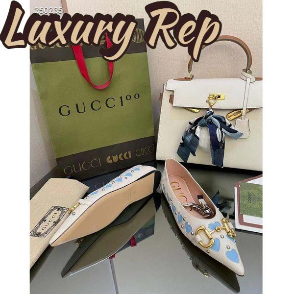 Replica Gucci Women GG Lovelight Crystal Ballet Flat Horsebit White Leather Crystals 8