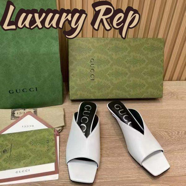 Replica Gucci Women GG Low Heel Sandal White Leather Square Toe 4