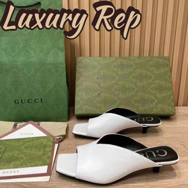 Replica Gucci Women GG Low Heel Sandal White Leather Square Toe 5