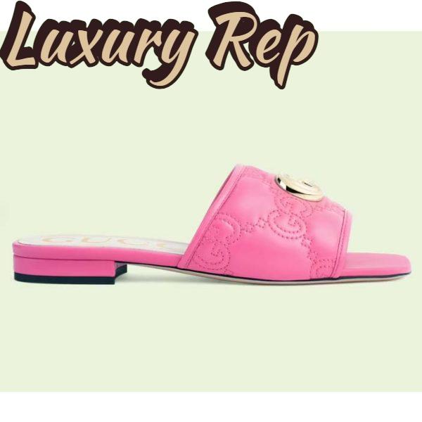 Replica Gucci Women GG Matelassé Slide Sandal Bright Pink Double G Square Toe Flat