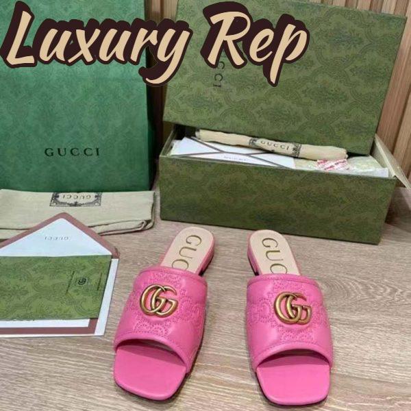 Replica Gucci Women GG Matelassé Slide Sandal Bright Pink Double G Square Toe Flat 4