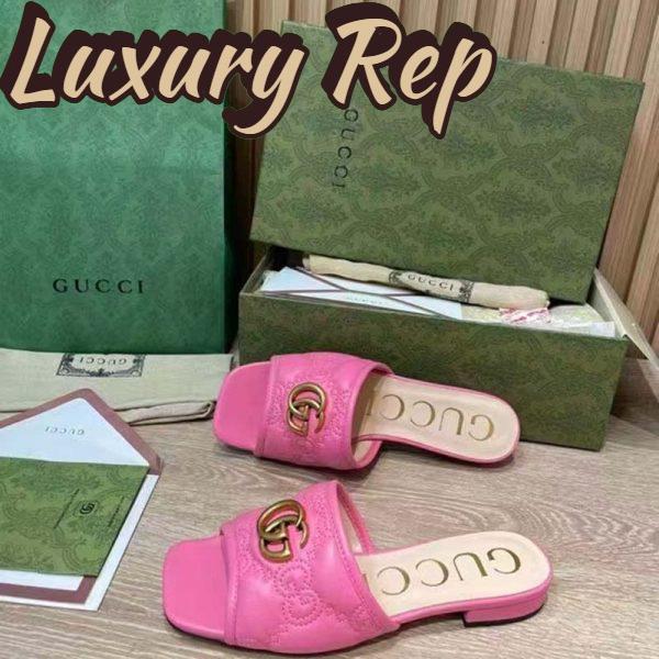 Replica Gucci Women GG Matelassé Slide Sandal Bright Pink Double G Square Toe Flat 6