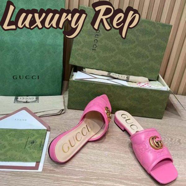 Replica Gucci Women GG Matelassé Slide Sandal Bright Pink Double G Square Toe Flat 10