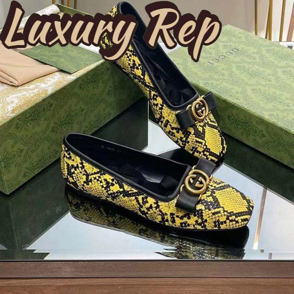 Replica Gucci Women GG Python Ballet Flat Yellow Black Leather Interlocking G Black Leather Bow 3