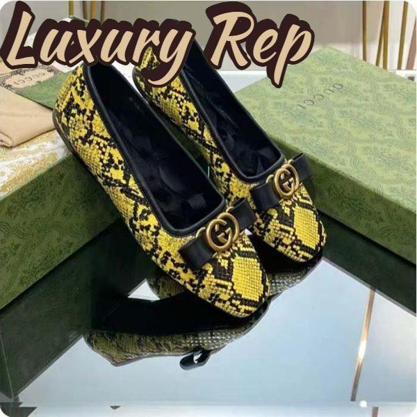 Replica Gucci Women GG Python Ballet Flat Yellow Black Leather Interlocking G Black Leather Bow 4