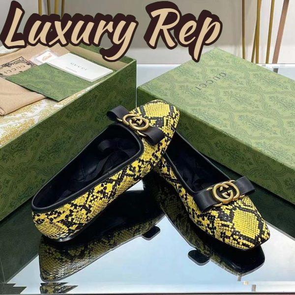 Replica Gucci Women GG Python Ballet Flat Yellow Black Leather Interlocking G Black Leather Bow 9