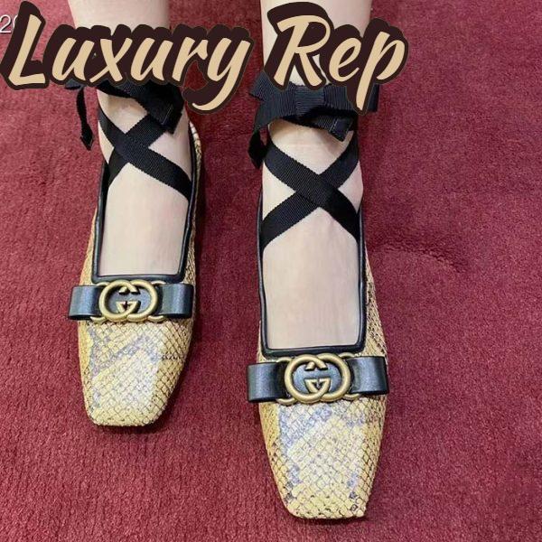 Replica Gucci Women GG Python Ballet Flat Yellow Black Leather Interlocking G Black Leather Bow 12