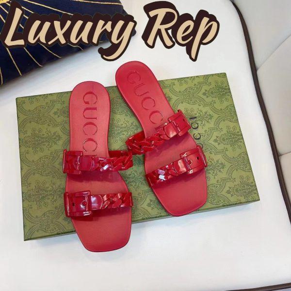 Replica Gucci Women GG Rubber Slide Sandal Hibiscus Red Chain Flat 1.5 Cm Heel 3