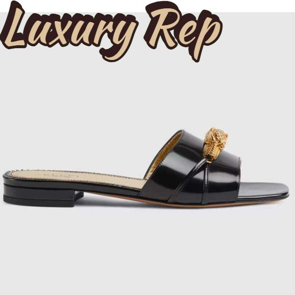 Replica Gucci Women GG Slide Sandal Tiger Head Black Patent Leather Flat