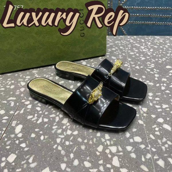 Replica Gucci Women GG Slide Sandal Tiger Head Black Patent Leather Flat 3
