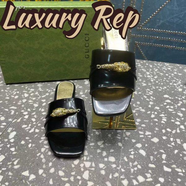 Replica Gucci Women GG Slide Sandal Tiger Head Black Patent Leather Flat 6