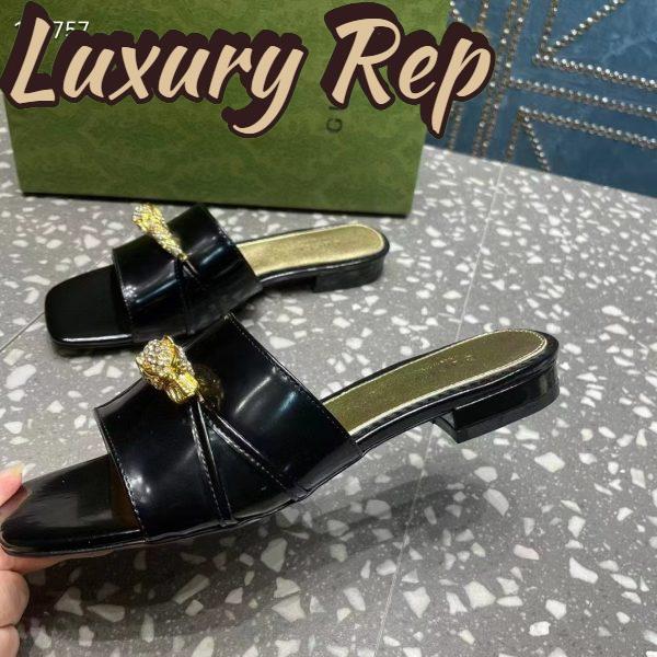 Replica Gucci Women GG Slide Sandal Tiger Head Black Patent Leather Flat 8