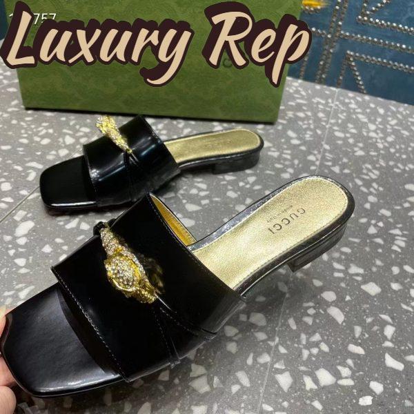 Replica Gucci Women GG Slide Sandal Tiger Head Black Patent Leather Flat 9
