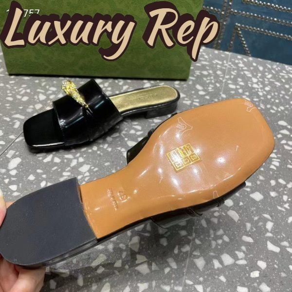 Replica Gucci Women GG Slide Sandal Tiger Head Black Patent Leather Flat 10