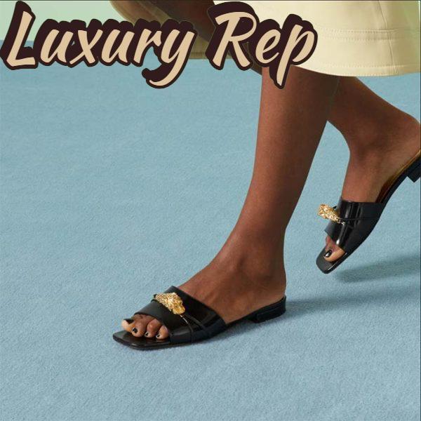 Replica Gucci Women GG Slide Sandal Tiger Head Black Patent Leather Flat 11