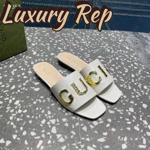 Replica Gucci Women GG Slide Sandal White Leather Textured Logo Star Flat 1 Cm Heel 3