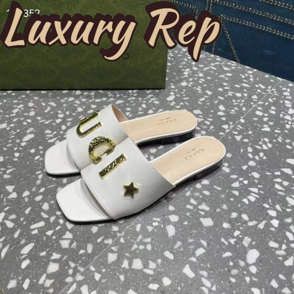 Replica Gucci Women GG Slide Sandal White Leather Textured Logo Star Flat 1 Cm Heel 4