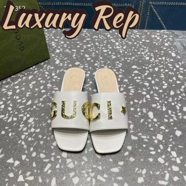 Replica Gucci Women GG Slide Sandal White Leather Textured Logo Star Flat 1 Cm Heel 5