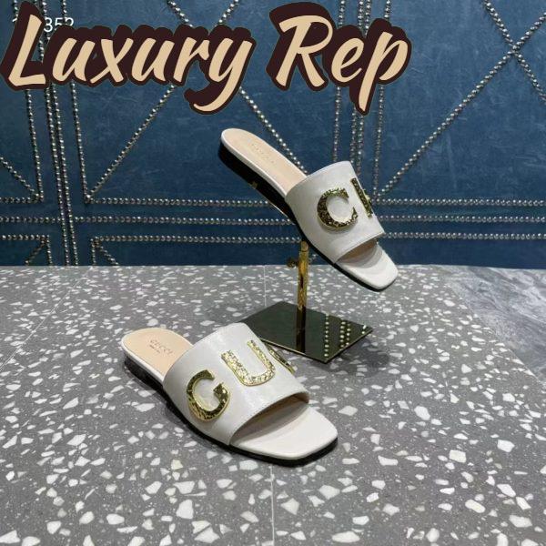 Replica Gucci Women GG Slide Sandal White Leather Textured Logo Star Flat 1 Cm Heel 6