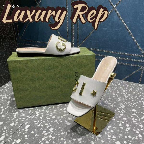 Replica Gucci Women GG Slide Sandal White Leather Textured Logo Star Flat 1 Cm Heel 7