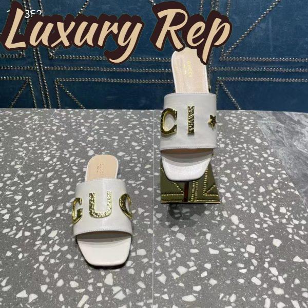 Replica Gucci Women GG Slide Sandal White Leather Textured Logo Star Flat 1 Cm Heel 8