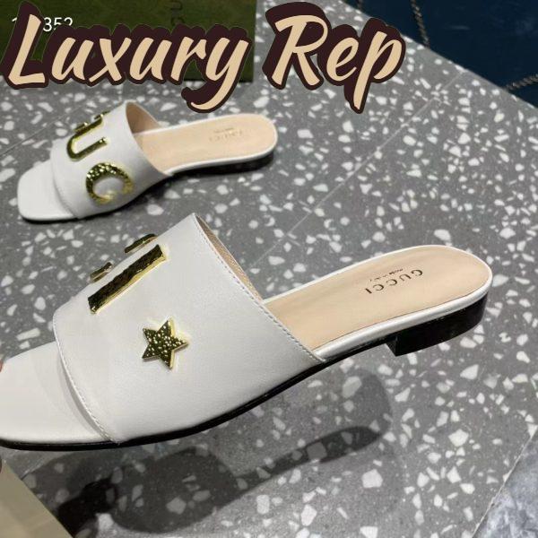 Replica Gucci Women GG Slide Sandal White Leather Textured Logo Star Flat 1 Cm Heel 9