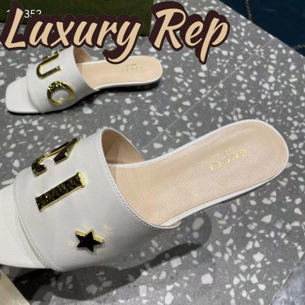 Replica Gucci Women GG Slide Sandal White Leather Textured Logo Star Flat 1 Cm Heel 11