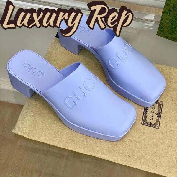 Replica Gucci Women GG Slip-On Sandal Pastel Blue Rubber Embossed Logo Square Toe Chevron 3
