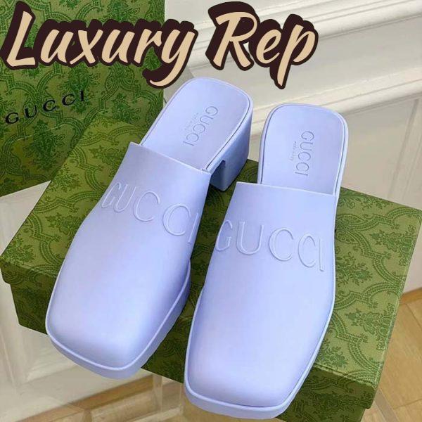 Replica Gucci Women GG Slip-On Sandal Pastel Blue Rubber Embossed Logo Square Toe Chevron 4