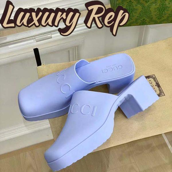 Replica Gucci Women GG Slip-On Sandal Pastel Blue Rubber Embossed Logo Square Toe Chevron 5