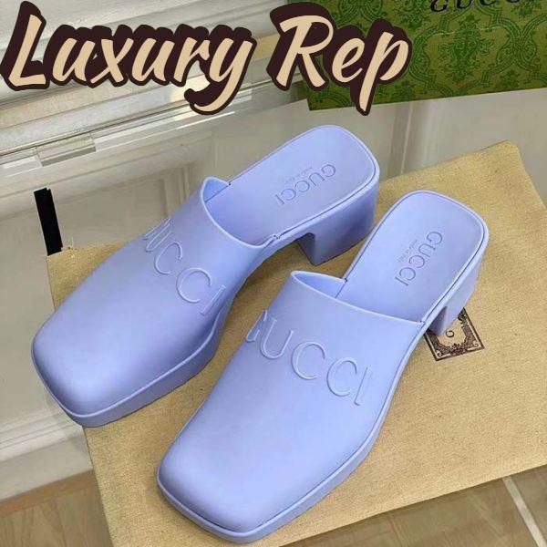Replica Gucci Women GG Slip-On Sandal Pastel Blue Rubber Embossed Logo Square Toe Chevron 7
