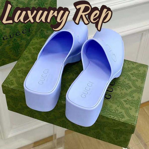 Replica Gucci Women GG Slip-On Sandal Pastel Blue Rubber Embossed Logo Square Toe Chevron 8