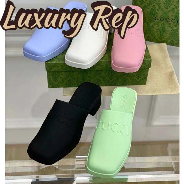 Replica Gucci Women GG Slip-On Sandal Pastel Blue Rubber Embossed Logo Square Toe Chevron 11
