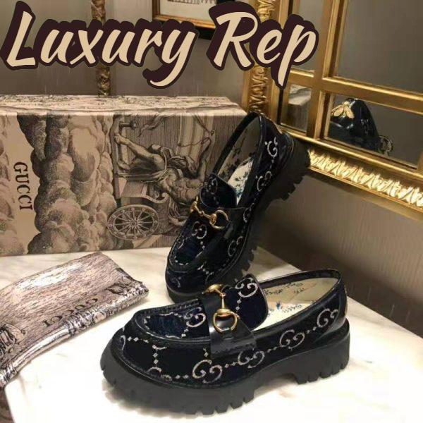 Replica Gucci Women GG Velvet Lug Sole Loafer in GG Velvet 2.5 cm Heel-Navy 4