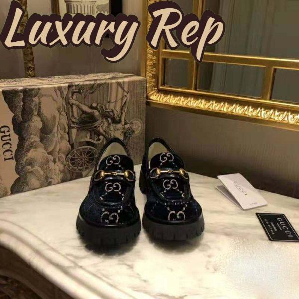 Replica Gucci Women GG Velvet Lug Sole Loafer in GG Velvet 2.5 cm Heel-Navy 5