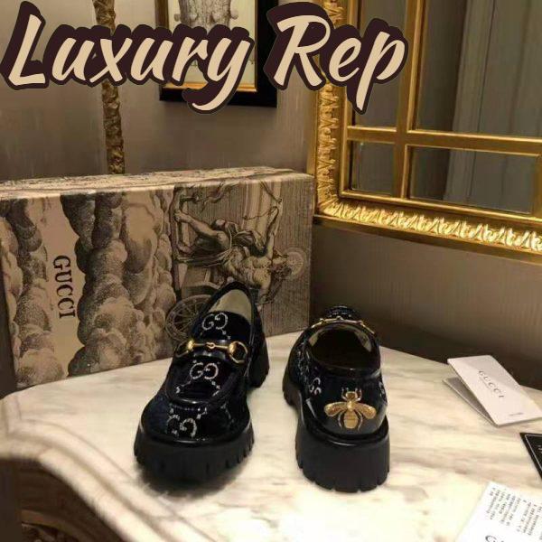 Replica Gucci Women GG Velvet Lug Sole Loafer in GG Velvet 2.5 cm Heel-Navy 6