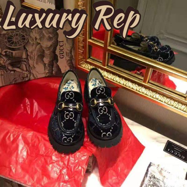 Replica Gucci Women GG Velvet Lug Sole Loafer in GG Velvet 2.5 cm Heel-Navy 9