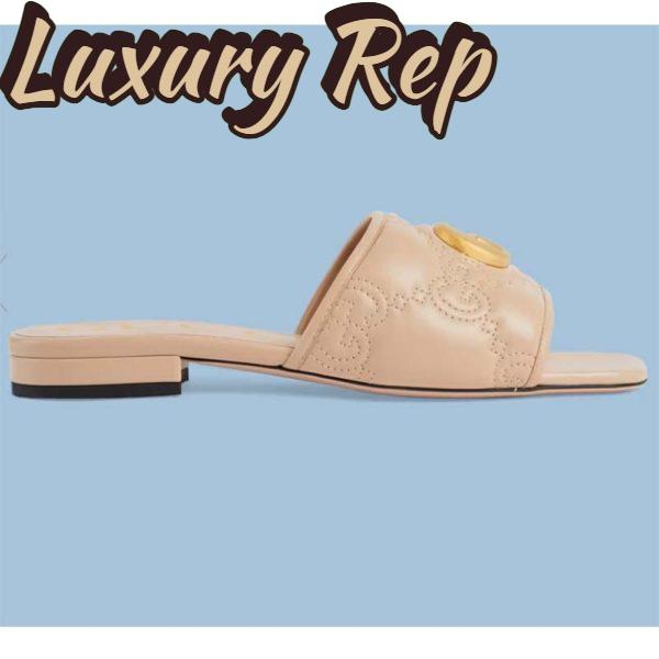 Replica Gucci Women Matelassé Slide Sandal Beige GG Matelassé Leather Square Toe Flat