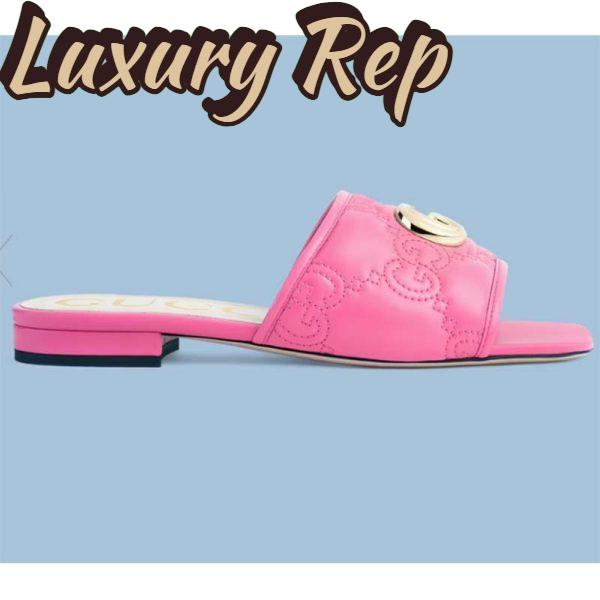 Replica Gucci Women Matelassé Slide Sandal Pink GG Matelassé Leather Square Toe Flat