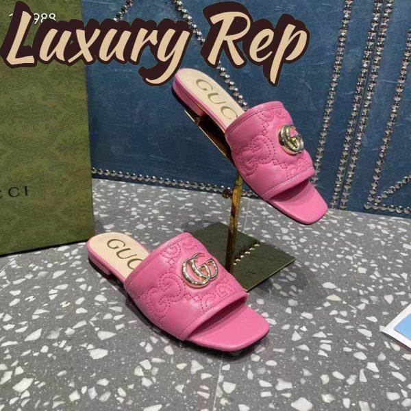 Replica Gucci Women Matelassé Slide Sandal Pink GG Matelassé Leather Square Toe Flat 7