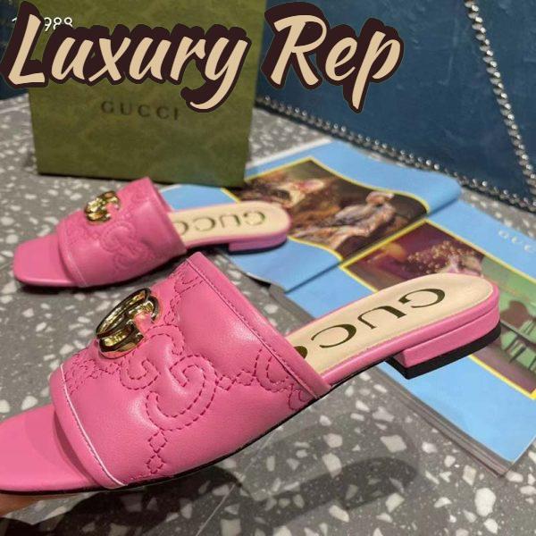 Replica Gucci Women Matelassé Slide Sandal Pink GG Matelassé Leather Square Toe Flat 8