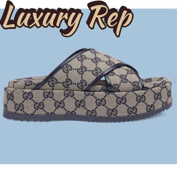 Replica Gucci Women Platform Slide Sandal Beige Blue Original GG Canvas Rubber Sole Low Heel